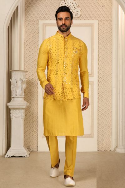 Mustard Art Silk with Mirror Work Nehru Jacket (NMK-6339)