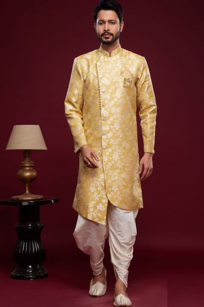 Mustard Banarasi Jaquard Mens Indo Western (NMK-6983)