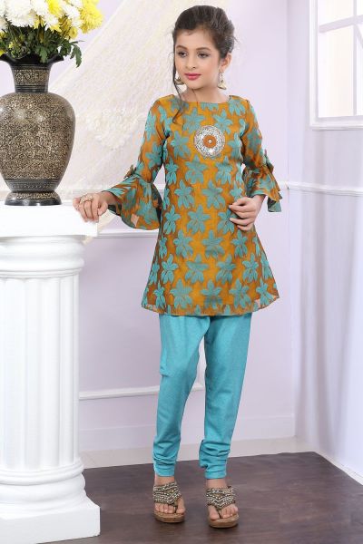 Mustard, Green Brocade Girls Salwar Suit (NFG-182)