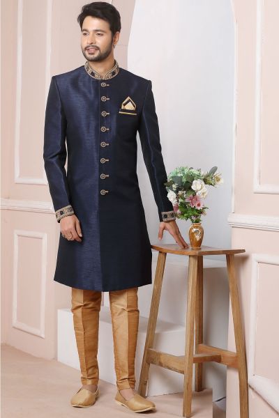 Navy Blue Art Banarasi Silk Indo Western (NMK-5974)