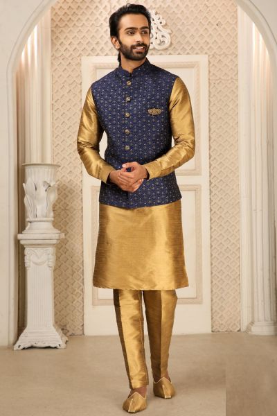 Buy Navy Blue Art Banarasi Silk Nehru Jacket NMK 6300 Online