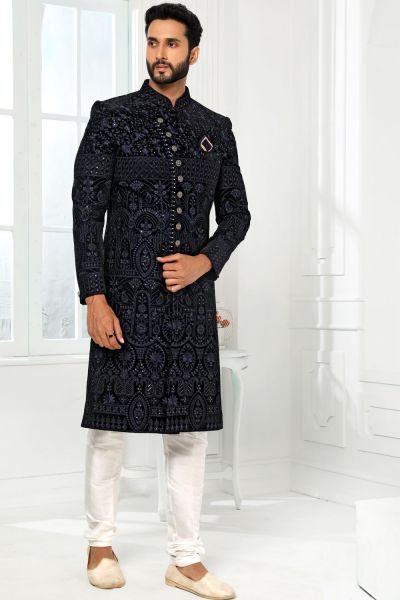 Navy Blue Art Silk Mens Indo Western (NMK-6288)