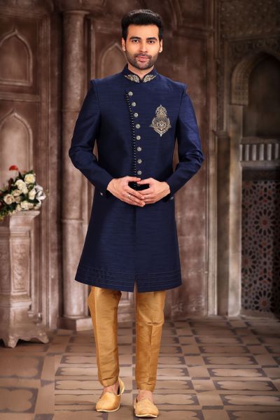 Navy Blue Art Silk Mens Indo Western (NMK-7284)