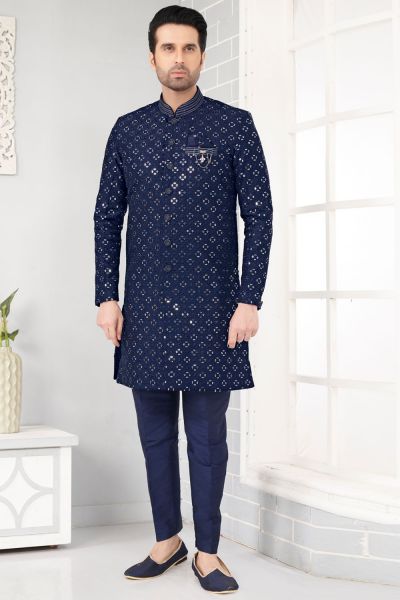 Navy Blue Art Silk Mens Indo Western (NMK-7309)