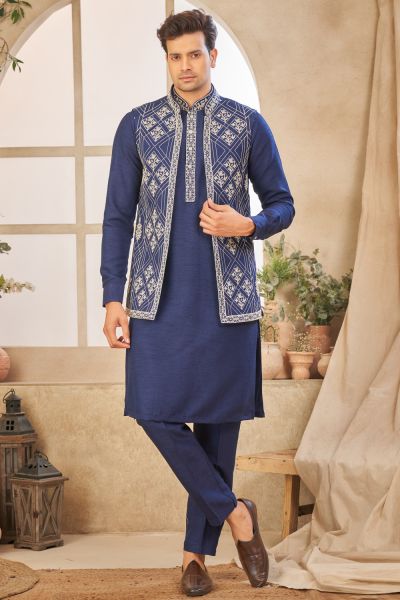 Navy Blue Art Silk Mens Kurta Jacket (NMK-8062)