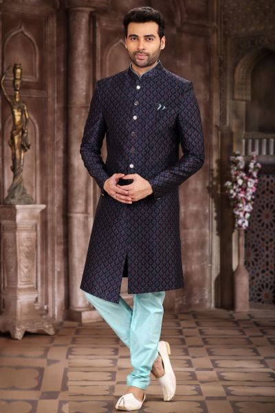 Navy Blue Art Silk Mens Sherwani (NMK-6878)