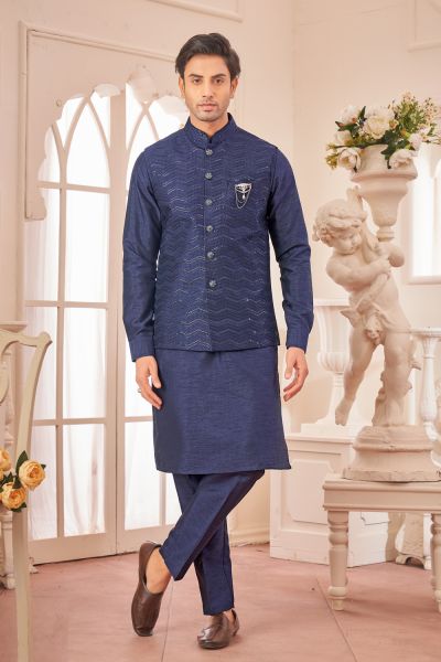 Navy Blue Art Silk Nehru Jacket for Men (NMK-8031)