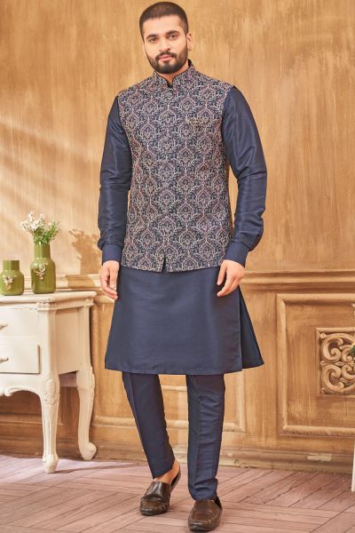 Navy Blue Art Silk Nehru Jacket (NMK-8003)