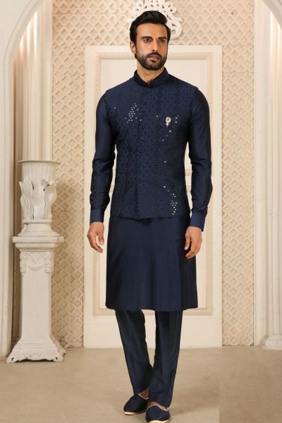 Navy Blue Art Silk with Mirror Work Nehru Jacket (NMK-6340)