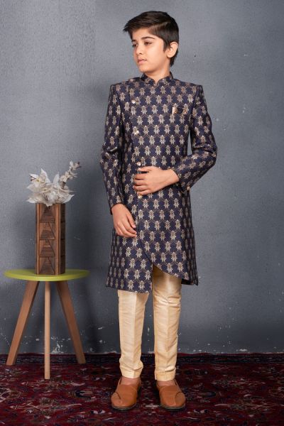 Navy Blue Banarasi Brocade Kids Sherwani (NKK-722)