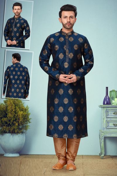 Navy Blue Banarasi Jaquard Kurta for Men (NMK-5081)