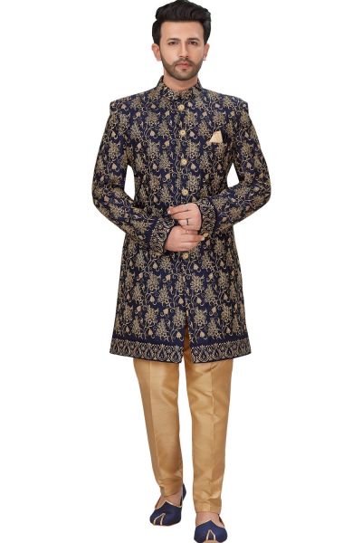 Navy Blue Banglori Silk Sherwani for Men (NMK-4963)