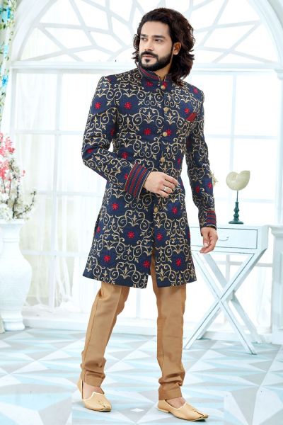 Navy Blue Banglori Silk Sherwani (NMK-4137)