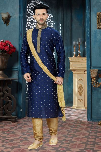 Navy Blue Chanderi Jaquard Kurta Pajama (NMK-3830)