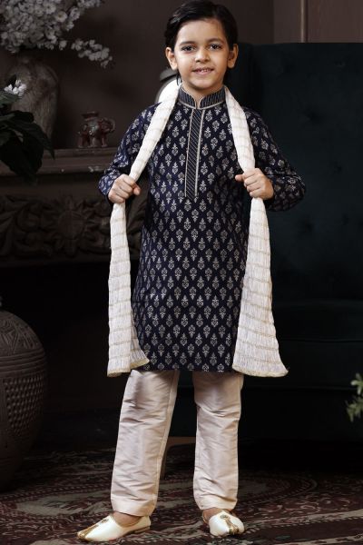 Navy Blue Cotton Printed Boys Kurta Pajama (NKK-743)