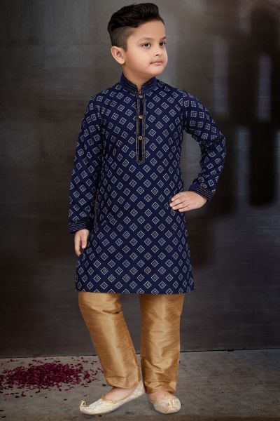 Navy Blue Cotton Printed Boys Kurta Pajama (NKK-784)