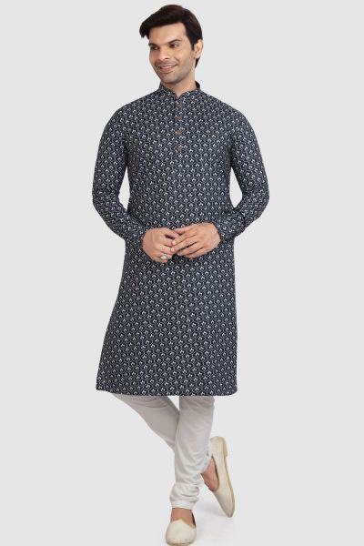 Navy Blue Cotton Printed Kurta Pajama (NMK-5734)