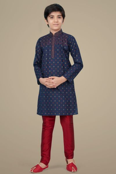 Navy Blue Cotton Silk Boys Kurta Pajama (NKK-701)