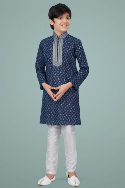 Navy Blue Cotton Silk Boys Kurta Pajama (NKK-708)