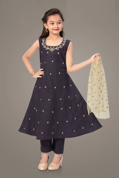 Navy Blue Cotton Silk Girls A Line dress (NFG-246)