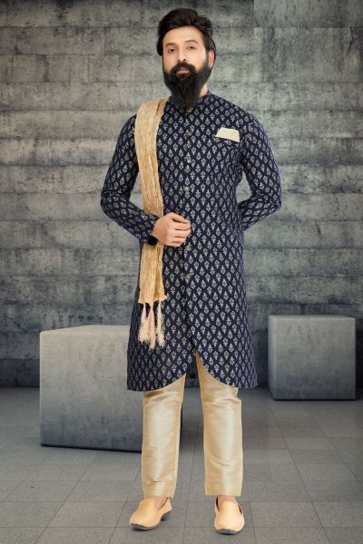 Navy Blue Cotton Silk Mens Indo Western (NMK-6782)