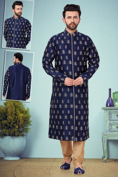 Navy Blue Dupion Silk Kurta Pajama (NMK-4825)