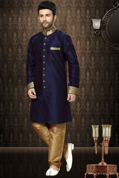 Navy Blue Giccha Silk Indo Western Kurta (NMK-3189)