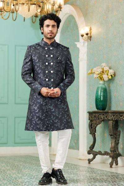 Navy Blue Imported Jaquard Silk Indo Western (NMK-7151)