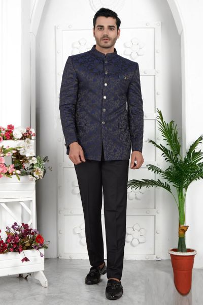 Navy Blue Imported Jaquard Silk Indo Western (NMK-7220)