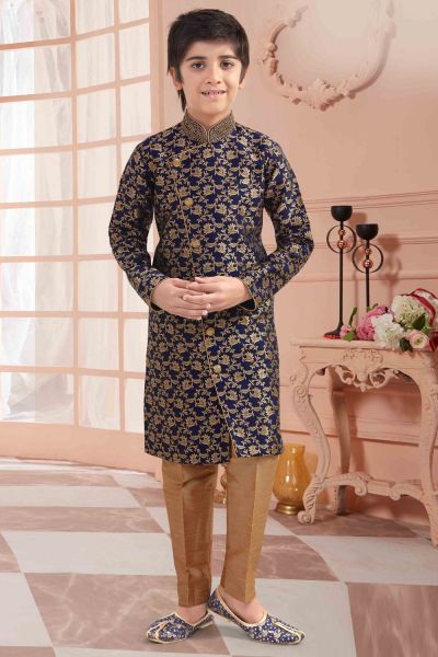 Navy Blue Jaquard Boys Kurta Pyjama (NKK-681)