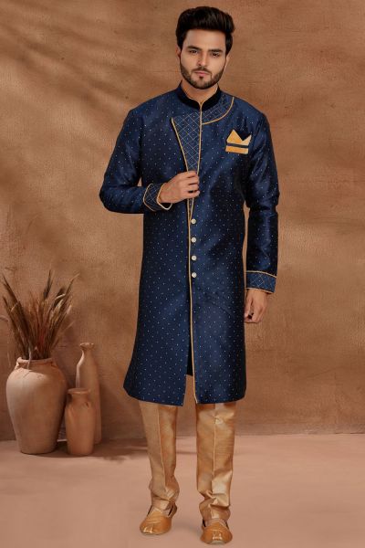 Navy Blue Jaquard Indo Western for Men (NMK-5513)