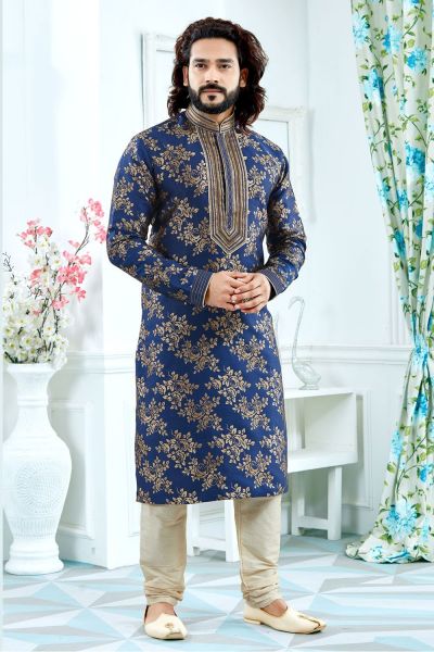 Navy Blue Jaquard Kurta Pajama (NMK-4149)