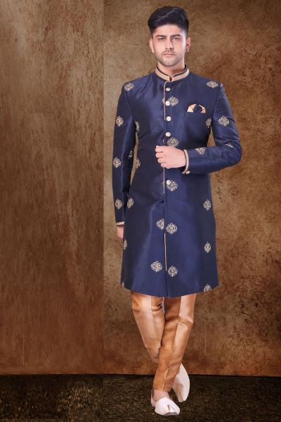 Navy Blue Jaquard Mens Indo Western (NMK-6771)