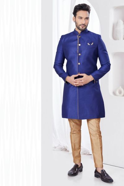 Navy Blue Jaquard Mens Indo Western (NMK-7775)