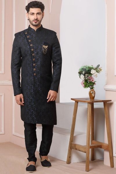 Navy Blue Jaquard Silk Indo Western (NMK-6186)