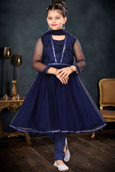 Navy Blue Net Girls Salwar Kameez (NFG-277)