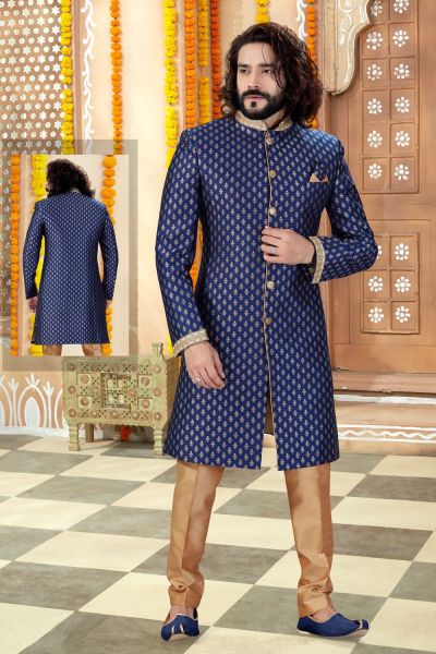 Navy Blue Printed Art Silk Indo Western (NMK-4298)