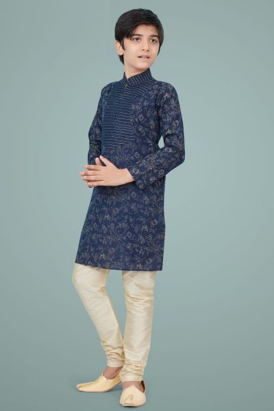 Navy Blue Printed Cotton Silk Boys Kurta (NKK-685)