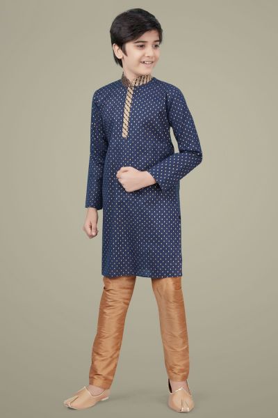 Navy Blue Printed Cotton Silk Casual Boys Kurta (NKK-696)