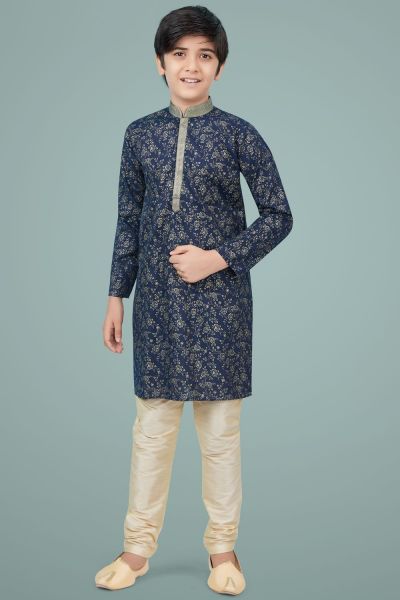 Navy Blue Printed Cotton Silk Kurta Pajama (NKK-686)