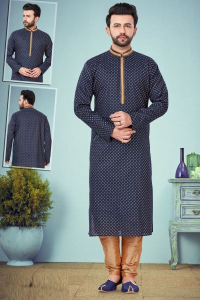 Navy Blue Printed Cotton Silk Kurta Pajama (NMK-4849)