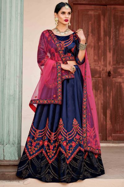 Navy Blue Pure Satin Womens Lehenga Choli (NWG-570)