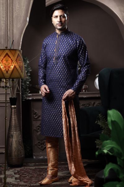 Navy Blue Silk Casual Kurta for Men (NMK-6079)