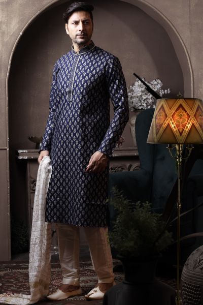 Navy Blue Silk Kurtas for Men (NMK-6077)