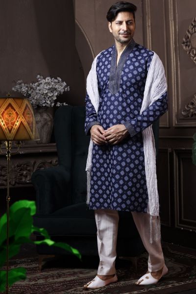 Navy Blue Silk Mens Kurta Pajama (NMK-6058)