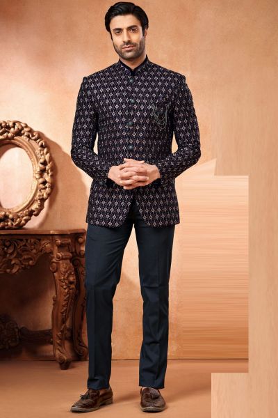 Navy Blue Velvet Bandhgala Jodhpuri (NMK-7225)