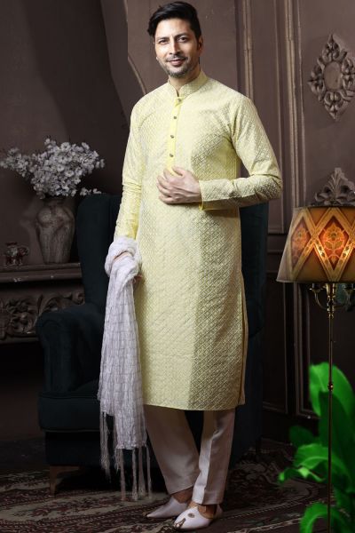 Neon Yellow Silk Kurta Pajama (NMK-6052)