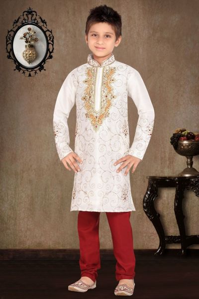 Off White Art Dupion Kurta Pajama for Boys (NKK-472)