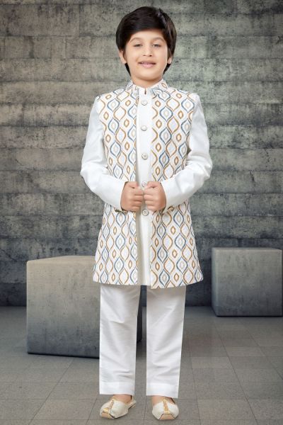 Off White Art Silk Boys Kurta Pajama with Long Jacket (NKK-803)