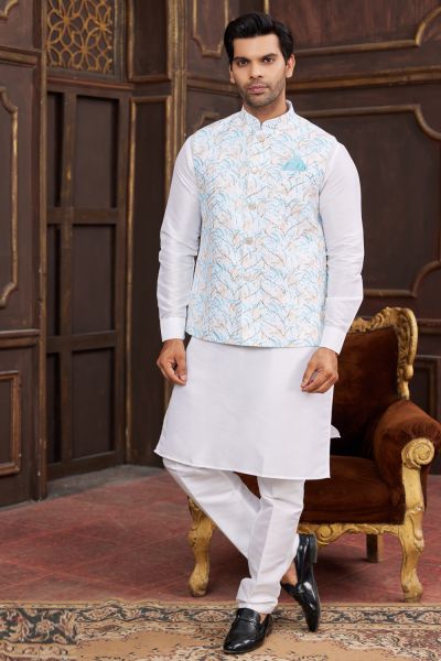 Off White Art Silk Mens Nehru Jacket (NMK-7953)